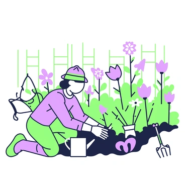 A gardener with a sun hat is kneeling beside a row of vibrant flowers in full bloom. The gardener is using a trowel to dig into the rich soil. Nearby, there is a watering can sitting on the ground, alongside an assortment of traditional gardening tools like a hand rake and pruning shears. The garden is filled with a variety of flowers, showcasing different shapes and sizes. The scene is surrounded by a wooden fence, and a small wheelbarrow is visible in the background, adding to the gardening atmosphere.