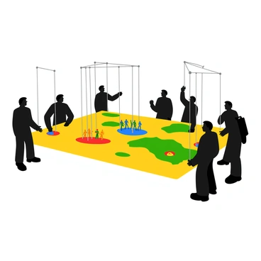 A large, detailed map spread across a table, featuring various regions marked with different colors and symbols. Above the map, several shadowy figures loom, each with distinct features obscured in darkness. These figures manipulate long, thin puppet strings that extend downwards to various small toy soldiers arranged on the map. The soldiers represent different armies, depicted in vibrant colors, standing ready for battle. The scene has a dramatic perspective, emphasizing the contrasting shadows of the figures against the lively details of the map below.