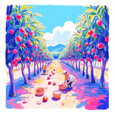A scenic lychee farm features evenly spaced rows of tall lychee trees, each laden with clusters of ripe, red lychee fruits hanging from the branches. The trees have lush green leaves that contrast with the vibrant red of the fruit. In the background, a clear blue sky stretches overhead, emphasizing the brightness of the day. The ground is dotted with fallen lychees, adding to the sense of harvest season. A few workers can be seen carefully picking the fruit, using baskets to collect the lychees.