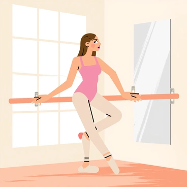 A girl with long brown hair is wearing a light pink ballet outfit, standing en pointe as she practices her ballet moves. The dance studio has large mirrors covering one wall, reflecting her graceful pose. To her side, there is a wooden barre, held up by silver brackets, which she is using for support. The floor is polished wooden, and there are soft ballet shoes on her feet. The room is filled with natural light coming through large windows, enhancing the atmosphere of the studio.