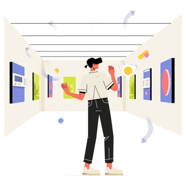 A person wearing black VR goggles is standing in a spacious virtual gallery. The gallery features walls adorned with vibrant digital illustrations, showcasing a variety of colors and themes. The person has their arms slightly raised, engaging with a floating holographic display that presents information about the artwork. Bright lighting illuminates the gallery space, casting subtle shadows on the ground. Various abstract shapes and interactive elements float in the air, enhancing the immersive experience of the virtual environment.