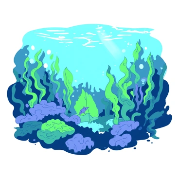 A vibrant scene of tangled gardens of seaweed swaying gently in the ocean currents. The seaweed has varying textures and shades, creating a lush underwater landscape. Bubbles can be seen rising through the water, accentuating the movement of the seaweed. Rays of sunlight filter through the surface, illuminating parts of the garden with a soft glow. Small fish swim among the strands of seaweed, adding life to the scene. The overall composition captures the dynamic flow of the ocean environment.
