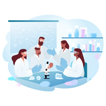 A group of scientists is working collaboratively in a laboratory. The scientists are dressed in white lab coats, with some wearing safety goggles and gloves. Various lab equipment is visible around them, including test tubes, beakers, and a microscope on a table. A chalkboard filled with complex equations and diagrams is in the background. Shelves are lined with glass containers and scientific books. The atmosphere conveys a sense of focused teamwork as the scientists discuss their research findings.