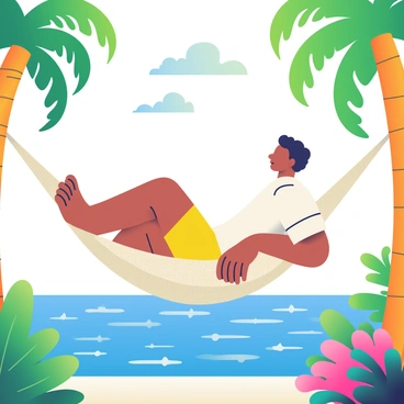 A figure resembling "Lucifer" is lounging on a hammock made of woven fabric, suspended between two palm trees. He has short, dark hair and is wearing a casual, white linen shirt with the sleeves rolled up. The hammock is gently swaying, supporting his relaxed posture. Surrounding him are lush tropical plants with vibrant green leaves. In the background, there are crystal blue waters that reflect the sunlight, creating a sparkling effect. A few fluffy white clouds float in the bright blue sky above, adding to the serene atmosphere of the scene.
