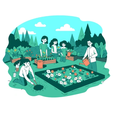 A teal community garden is filled with various families actively planting vegetables and flowers together. In the foreground, a family of four is digging in the soil, with the parents guiding their children who are holding small shovels. Nearby, another family is planting colorful flower seedlings in neat rows, while a group of children is watering their newly planted vegetables with bright orange watering cans. Lush green plants surround the garden, and there are wooden garden beds filled with an assortment of vegetables. The sky above is a bright blue, adding to the vibrant scene.