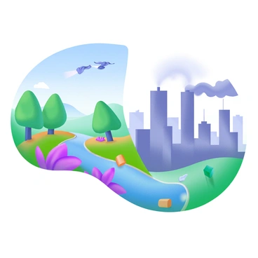 A split scene featuring two contrasting environments. On the left side, there is a vibrant and healthy environment, showcasing lush green trees, colorful flowers, and a clear blue sky. Birds are flying above, and a small stream flows gently through the area. On the right side, a polluted cityscape is depicted, with tall, gray buildings emitting dark smoke. The sky is overcast, and there are scattered pieces of trash on the ground. The stark difference between the two sides emphasizes the contrast between nature and urban pollution.