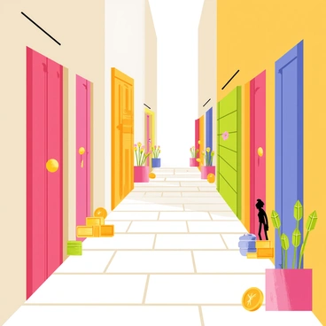 A narrow alleyway with cobblestone pavement leading through it. The walls are lined with colorful wooden doors, each adorned with unique decorations. Some doors are ajar, hinting at the secrets inside. Potted plants with vibrant flowers are placed beside the doors, adding a touch of life to the scene. Small, glimmering treasures such as gold coins and sparkling gemstones peek out from the shadows, suggesting hidden finds waiting to be discovered. Light filters through the alley, casting soft shadows on the ground.