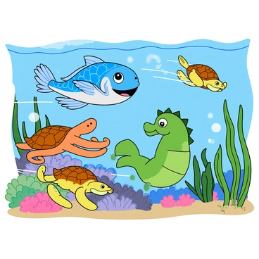 A cartoon fish with bright blue scales and large, expressive eyes is darting through the water, competing in an underwater derby. Surrounding the fish are various other marine animals, including a cheerful yellow sea turtle with a big grin, a speedy orange octopus with its tentacles streamlined for speed, and a sleek green seahorse with a determined look. Colorful coral formations and swaying seaweed provide a vibrant backdrop for the race. Bubbles trail behind each participant, enhancing the sense of movement and excitement. The scene captures the dynamic energy and playful competition of the underwater race.