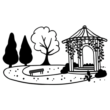 A romantic gazebo situated in a park, surrounded by lush greenery. The gazebo is adorned with intricate wooden details and has a roof from which ivy vines hang down gracefully. The ground is covered with small pebbles, and there are benches placed around the gazebo for seating. In the background, tall trees provide shade, while a pathway curves gently toward the structure, inviting visitors to approach.