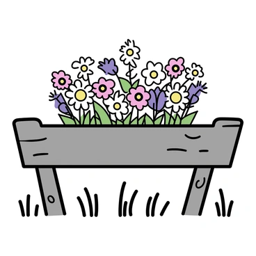 A crown made of various wildflowers, including daisies, violets, and poppies, intricately woven together. The crown rests on a rustic wooden chair, which has a weathered finish and visible knots in the wood. The chair is placed in a natural setting, with a few blades of grass peeking through the slats. Sunlight softly illuminates the crown, highlighting the vibrant colors of the flowers against the muted tones of the chair.
