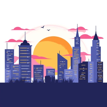 A city skyline at dusk with tall buildings of various shapes and sizes outlined against a colorful sky. The sun is setting, casting warm orange and pink hues across the clouds. Windows of the buildings begin to light up, creating a twinkling effect as lights turn on. Silhouettes of antennas and rooftops add to the skyline, while a few birds are flying in the distance. The scene captures the transition from day to night in an urban environment.