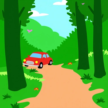 A small, bright red car is driving along a narrow forest trail surrounded by tall, lush green trees. The car's headlights are on, illuminating the path ahead as it navigates through the dappled sunlight filtering through the leaves. The trail is covered in patches of soft, brown dirt and scattered with vibrant green ferns and colorful wildflowers on either side. A few birds can be seen perched in the branches above, and a gentle breeze creates a rustling sound in the leaves.