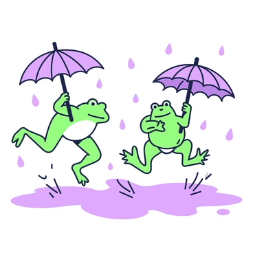 A frog and a toad are jumping in puddles on a rainy day. The frog is positioned on the left, with its legs extended as it leaps, and the toad is on the right, mid-jump, splashing water around. Each amphibian has a distinct shape and texture, with the frog’s smooth skin and the toad’s bumpy surface. Above them, there are two umbrellas, one held by the frog and the other by the toad, both featuring unique designs. The surrounding environment consists of several large puddles reflecting the cloudy sky, with droplets of rain visibly falling around them.