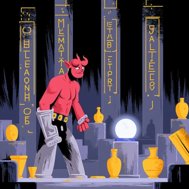 Hellboy exploring a mystical shrine adorned with ancient artifacts.