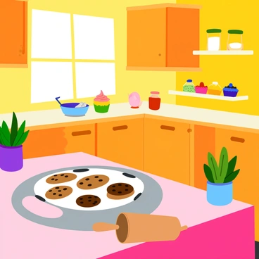 A cozy kitchen filled with a baking reel displaying delicious treats and ingredients