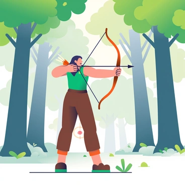 An archer standing quietly in a dense forest, holding a bow and focusing on a distant target