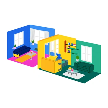 A modern furniture showroom featuring distinct room setups, each showcasing a unique solid color theme. One room is decorated with a deep blue hue, displaying sleek furniture including a velvet sofa and a glass coffee table. Another room features a vibrant yellow theme, with a bold, contemporary armchair and a matching rug. A third area is adorned in a calming green shade, showcasing minimalistic shelving units and a stylish dining table. Each room includes well-placed decorative items, creating a cohesive and inviting atmosphere for potential buyers.