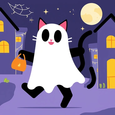 A cartoon cat wearing a spooky costume featuring a ghostly white sheet with large eye holes, is walking down a dimly lit street on Halloween night. The cat has a playful expression and holds a small orange trick-or-treat bag in one paw. Surrounding the cat are houses decorated with glowing jack-o'-lanterns and cobwebs. The night sky is filled with a bright full moon and twinkling stars, creating a festive Halloween atmosphere.