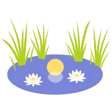 A pond reflecting the full moon surrounded by tall reeds and lilies
