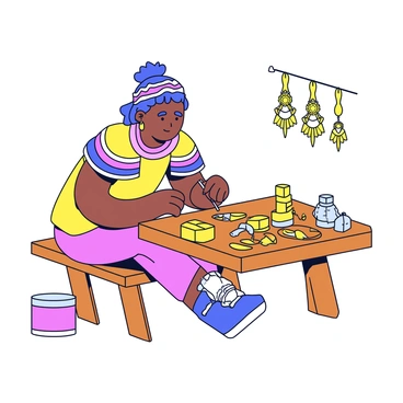 An Aztec artisan working at a simple wooden bench. The artisan is focused on a piece of jewelry, meticulously shaping and polishing gold and silver with small tools. Surrounding the artisan are various jewelry pieces in different stages of completion, including intricate necklaces and earrings adorned with gemstones. The setting has a warm light, highlighting the metallic sheen of the materials. The artisan wears traditional clothing, showcasing the rich textures and patterns typical of Aztec culture.