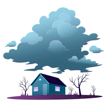 Dark, swirling clouds with varying shades of gray and black are forming ominous shapes in the sky above a small, isolated house. The house has weathered wooden siding and a slanted roof, with a single window shining a faint light. Surrounding the house is a barren landscape, with bare trees and patches of dry grass. The atmosphere is tense, as the clouds appear to pulse with energy, creating a dramatic contrast against the dim glow of the house's window.