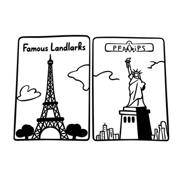 A flashcard with the "Eiffel Tower" depicted on one side, with a detailed representation of its iron lattice structure and surrounding trees. On the opposite side, the "Statue of Liberty" is illustrated, showcasing its towering figure and the torch held high. The background features stylized clouds and a hint of a city skyline. The title "Famous Landmarks" is prominently displayed at the top of the flashcard.