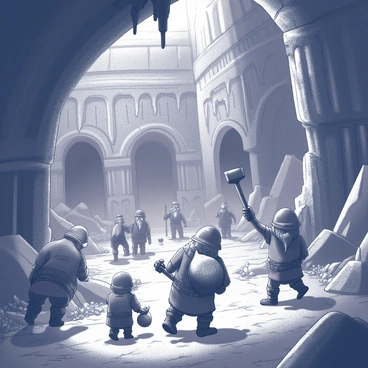 Dwarves working diligently in a vast underground cavern. The scene captures several dwarves of varying ages, each wearing sturdy work clothes and mining gear. Some are swinging pickaxes to extract ore from the stone walls, while others are hauling heavy bags filled with precious minerals. The cavern is lined with intricate stone carvings and shimmering veins of ore, reflecting the ambient light from torches mounted on the walls. Stalactites hang from the ceiling, dripping water into pools below, adding to the atmosphere of the ancient and majestic halls of Khazad-dûm.