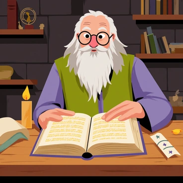 An elderly wizard with long silver hair and a matching beard is sitting at an oak table. He wears rounded glasses perched on his nose and is deeply focused on an ancient, dusty tome open in front of him. The room features stone walls with shelves filled with various books and magical artifacts. A flickering candle on the table casts warm, dancing shadows across the pages of the tome, illuminating intricate gold lettering. The atmosphere is filled with an air of mystery and knowledge as the wizard turns the pages carefully, surrounded by a few scattered scrolls and mystical trinkets.