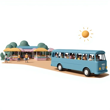 A blue bus is driving along a dirt road, with the sun shining brightly overhead. The bus is filled with villagers, wearing colorful clothing and smiling as they look out the windows. In the background, there are numerous stalls set up at a bustling market, displaying fresh fruits, vegetables, and handmade goods. The stalls are vibrant, with bright awnings and various items for sale, creating a lively atmosphere. A few villagers can be seen walking towards the market, carrying bags and chatting with each other.