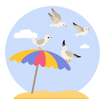 A flock of seagulls flying in a blue sky, with white clouds scattered around. The seagulls have distinctive gray and white feathers, flapping their wings gracefully. Below them, a colorful beach umbrella stands on golden sand, providing shade. One seagull is perched curiously on the edge of the beach umbrella, its head tilted as it observes the surroundings. The scene captures the lively atmosphere of a sunny beach day.