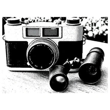 A vintage camera is placed on a rough wooden surface. It features an intricate design with a leather exterior and shiny metallic parts. Next to the camera, there is a pair of binoculars with a polished finish and textured grips. The binoculars are slightly opened, showcasing the intricate lens details. The background is filled with a hint of foliage, suggesting an outdoor setting perfect for exploration. The scene presents an inviting atmosphere for a day of adventure.