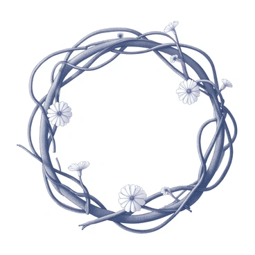 A circular wreath made from twisted twigs. The twigs are intertwined, creating a natural and organic shape. Attached to the wreath are several simple white flowers, evenly spaced along the surface. The overall composition presents a clean and understated design, highlighting the contrast between the textured twigs and the delicate flowers.