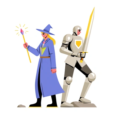 Two adventurers are standing back to back, ready to face a challenge. On the left, a mage with a long blue robe and a pointy hat holds a glowing staff, its tip radiating bright light. On the right, a knight in shining silver armor grips a large sword, reflecting the light around them. Both characters have determined expressions on their faces. The mage has long flowing hair and a crystal pendant around their neck, while the knight has a fierce-looking helmet and a shield emblazoned with a crest. The ground beneath them is rocky, indicating a rugged environment.