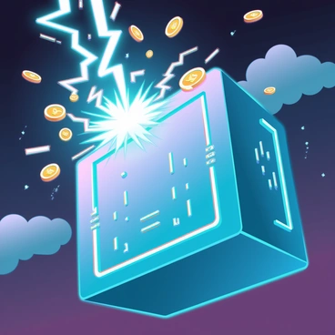 A bright lightning bolt striking a sleek, futuristic digital vault made of shimmering chrome and glowing blue lines. The impact of the lightning causes a burst of energy, dispersing a flurry of shiny gold coins into the air. The coins are depicted in mid-flight, catching light and reflecting it in various angles. The background features a dark stormy sky, with hints of jagged clouds illuminated by the glowing bolt. The digital vault has intricate circuit patterns etched into its surface, indicating advanced technology.