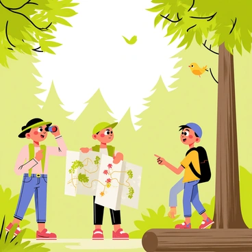 A group of three children dressed as adventurers is exploring a forest. One child has a green hat and holds binoculars to their eyes, scanning the trees. Another child is looking at a map, which is spread out on a log, showing various forest trails. The third child is wearing a backpack and pointing excitedly at a tall tree. The forest is dense with various shades of green foliage, and sunlight filters through the leaves, casting a dappled pattern on the ground. Birds can be seen perched on the branches above.