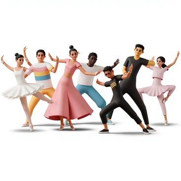 A group of dancers performing on stage, showcasing a variety of dance styles and cultural backgrounds. There is a ballerina in a white tutu and delicate pointe shoes, gracefully executing pirouettes. Next to her, a hip-hop dancer wearing a colorful oversized t-shirt and baggy pants is executing dynamic moves with confidence. A traditional flamenco dancer in a flowing red dress is striking a powerful pose, while a Asian contemporary dancer, dressed in a sleek black outfit, is expressing fluid movements. The dancers are positioned in a semi-circle, with vivid stage lighting highlighting their costumes and expressions, creating a lively and energetic atmosphere.