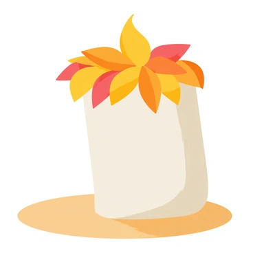 A handmade candle with a smooth white surface, topped with vibrant orange and yellow pressed marigold petals. The candle is shaped in a cylindrical form, resting on a wooden table. The marigold petals create a decorative pattern on the surface, with some petals partially curling at the edges. Soft light casts gentle shadows around the candle, enhancing the textures of the petals and the candle itself.