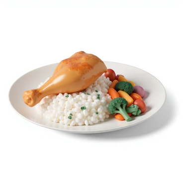 A plate featuring a golden-brown chicken leg, glistening with a savory glaze. The chicken leg is placed atop a generous serving of fluffy white rice, each grain perfectly cooked and slightly sticky. Next to the rice, there is a vibrant assortment of colorful vegetables, including bright orange carrots, deep green broccoli, and red bell peppers, all freshly cooked and glistening with a light sheen. The plate is garnished with a sprinkle of fresh herbs, adding a touch of green for contrast. The setting is well-lit, emphasizing the delicious textures and colors of the meal.