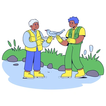 A wildlife rescue team consists of two people on a riverbank. One rescuer, wearing a green vest, is carefully holding a small bird that is entangled in clear plastic waste. The other rescuer, dressed in yellow gloves and boots, is gently removing the plastic from the bird's wings. In the background, the river flows steadily, with green grass and a few rocks lining the bank. A few pieces of litter are scattered around, highlighting the environmental issue. The scene captures the determination and care of the rescuers as they focus on saving the bird.