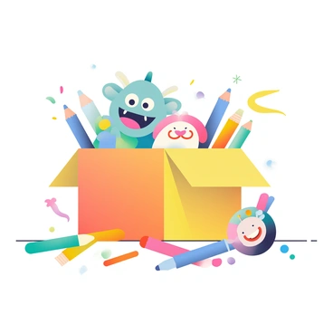 An open illustration box with colorful art supplies spilling out and surprising characters peeking from inside.