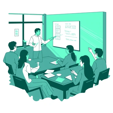 A teal writing workshop room filled with students seated at wooden tables, each with notebooks and pens. In front of the students, a white lecturer stands with a confident posture, pointing towards a large whiteboard filled with notes and story structures. The students are attentively listening, some raising their hands to ask questions. Sunlight streams through the windows, illuminating the faces of eager learners. Each student has a unique expression, showcasing their engagement and creativity as they take notes and brainstorm ideas.