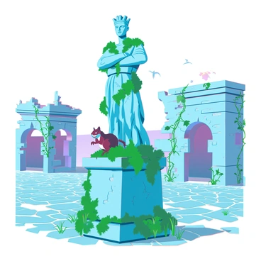 A forgotten statue of a regal figure, partially buried in thick green ivy, stands in the center of a decaying square. The statue is weathered, with cracks and moss covering its surface, giving it an ancient appearance. Surrounding the statue are various wildlife, including small birds flitting about and a curious squirrel peeking out from behind the base. The cobblestone ground is uneven, with patches of grass and weeds pushing through the cracks. In the background, there are remnants of dilapidated buildings, their walls crumbling and overtaken by vines, suggesting a once-vibrant area now faded into obscurity.