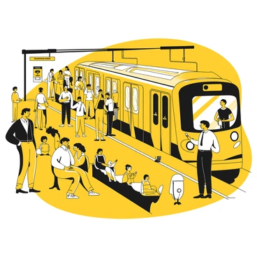 A crowded metro platform filled with numerous people waiting for the train. Some individuals are standing close to the edge of the platform, while others are sitting on benches, engrossed in their phones. A businessman in a suit carries a briefcase and checks his watch. A group of students in casual clothing, each with backpacks, are chatting animatedly. A woman with a stroller stands near the entrance of the station, watching the crowd. In the background, a train approaches the platform, with its doors opening to allow passengers to board.