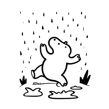 A hippopotamus is depicted mid-dance in the rain, its body in an energetic pose. Water droplets are falling from the sky, creating a sense of movement and liveliness. The ground is covered with several puddles, and the hippo is splashing water out of them. Surrounding the hippopotamus, there are droplets of water forming arcs and splashes, emphasizing the joyous activity. The overall scene captures the playful nature of the hippopotamus as it enjoys the rain.