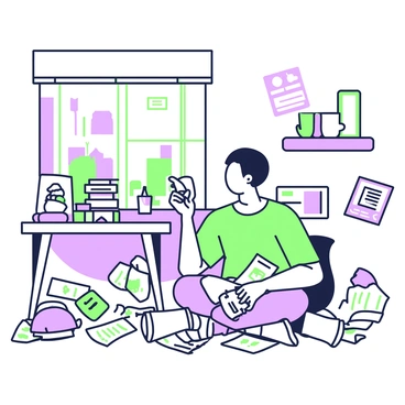 A person is sitting on the floor of a cramped apartment, surrounded by swirling bills and notices scattered around. The individual is wearing casual clothing, with a look of concentration on their face as they hold a bill in one hand. The apartment features a small table in the corner, cluttered with a few more documents and a coffee cup. The walls are filled with small shelves holding various items, and a window shows a glimpse of a cityscape outside.