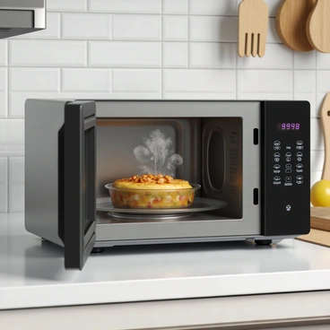 A modern microwave oven with a sleek, stainless steel exterior is placed on a kitchen countertop. The door is slightly ajar, revealing a glass turntable inside with a covered dish of food. The dish is transparent with steam visibly rising from it, indicating the heating process. Bubbles and gas expansion are shown around the food, creating a dynamic effect. The microwave's control panel displays illuminated buttons, enhancing its contemporary look. The kitchen background includes a tiled backsplash and utensils hanging nearby, providing context to the scene.