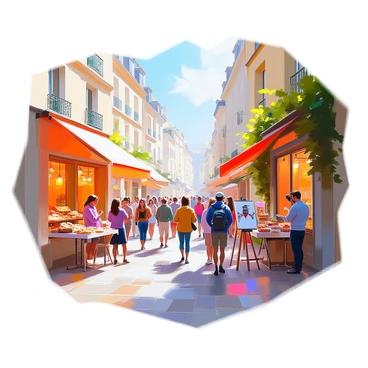 A lively Parisian street scene filled with bustling pedestrians walking along the cobblestone pavement. A variety of people are present, including a couple of tourists taking photographs, a street artist painting on the sidewalk, and a group of friends laughing as they chat. The storefronts on either side of the street are vibrant, showcasing colorful displays of flowers, pastries, and clothing, with some café tables spilling onto the sidewalk where patrons enjoy their drinks. Above, traditional Parisian architecture features ornate balconies and large windows, with ivy cascading down the walls. The atmosphere is filled with the energy of city life, accentuated by the sounds of chatter and laughter.
