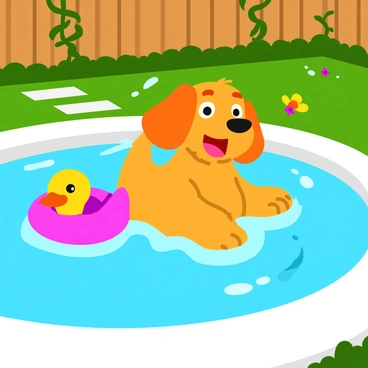 A dog splashing happily in a backyard pool with a colorful floatie