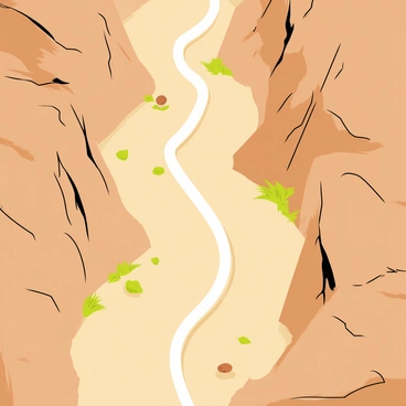 A bird's-eye view of a winding canyon path that meanders through rocky terrain. The canyon walls are steep and rugged, with jagged edges and varying shades of brown and gray. The path, a lighter earthy color, snakes its way down the center of the canyon, dotted with patches of green vegetation. Small boulders are scattered throughout the rocky ground, and the overall scene captures the vastness and intricate details of the canyon landscape.