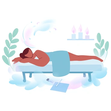 A person is reclining on a comfortable massage table in a serene spa setting. The individual is surrounded by soft towels and soothing candles that emit a gentle glow. Relaxing music notes are subtly suggested in the air. Nearby, there is a small table with a notebook and a pen, indicating the intention to write a review. The atmosphere is enhanced by a delicate arrangement of green plants, providing a natural, calming backdrop.